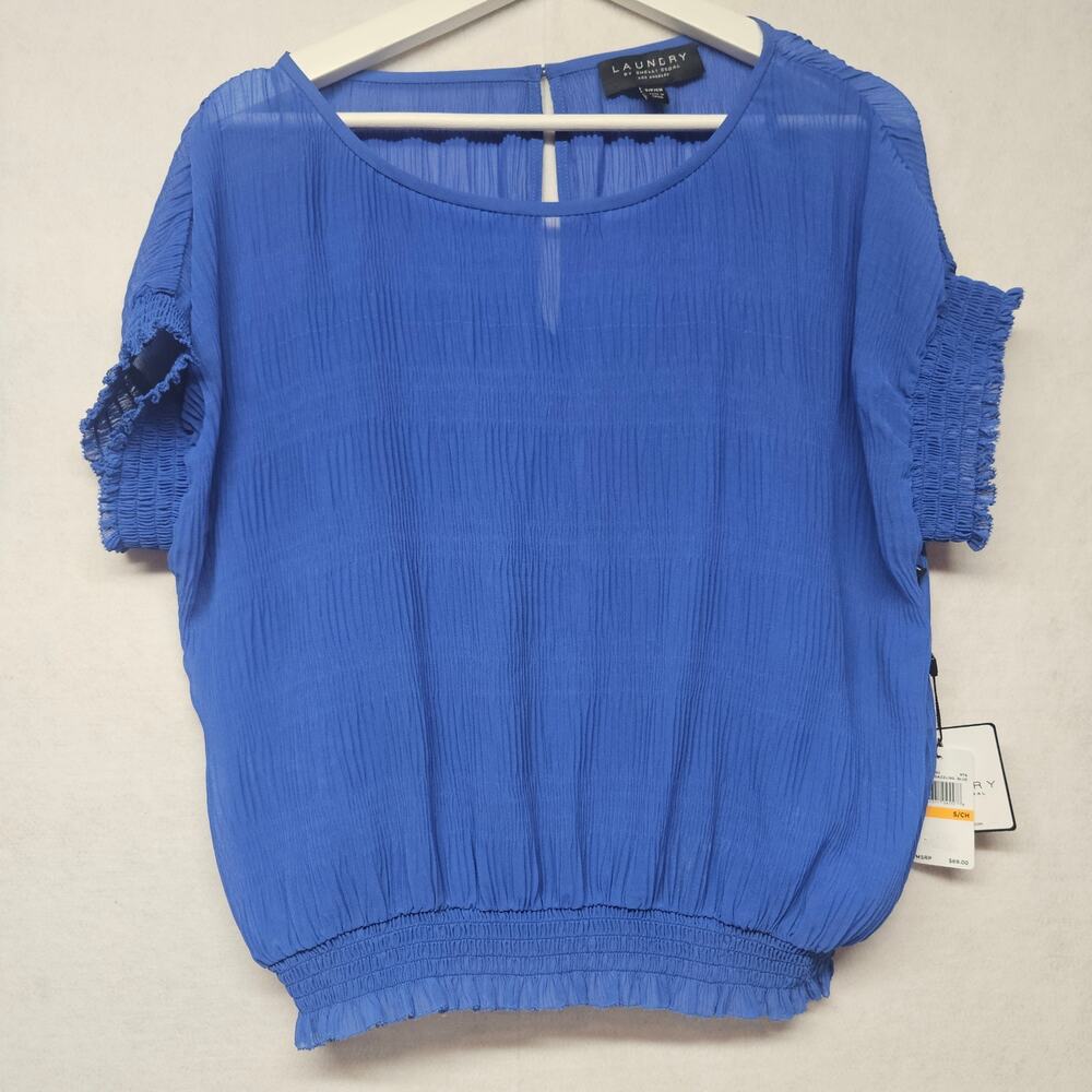 NWT Laundry by Shelli Segal Blue Sheer Layer Blouse Short Sleeve Top Small